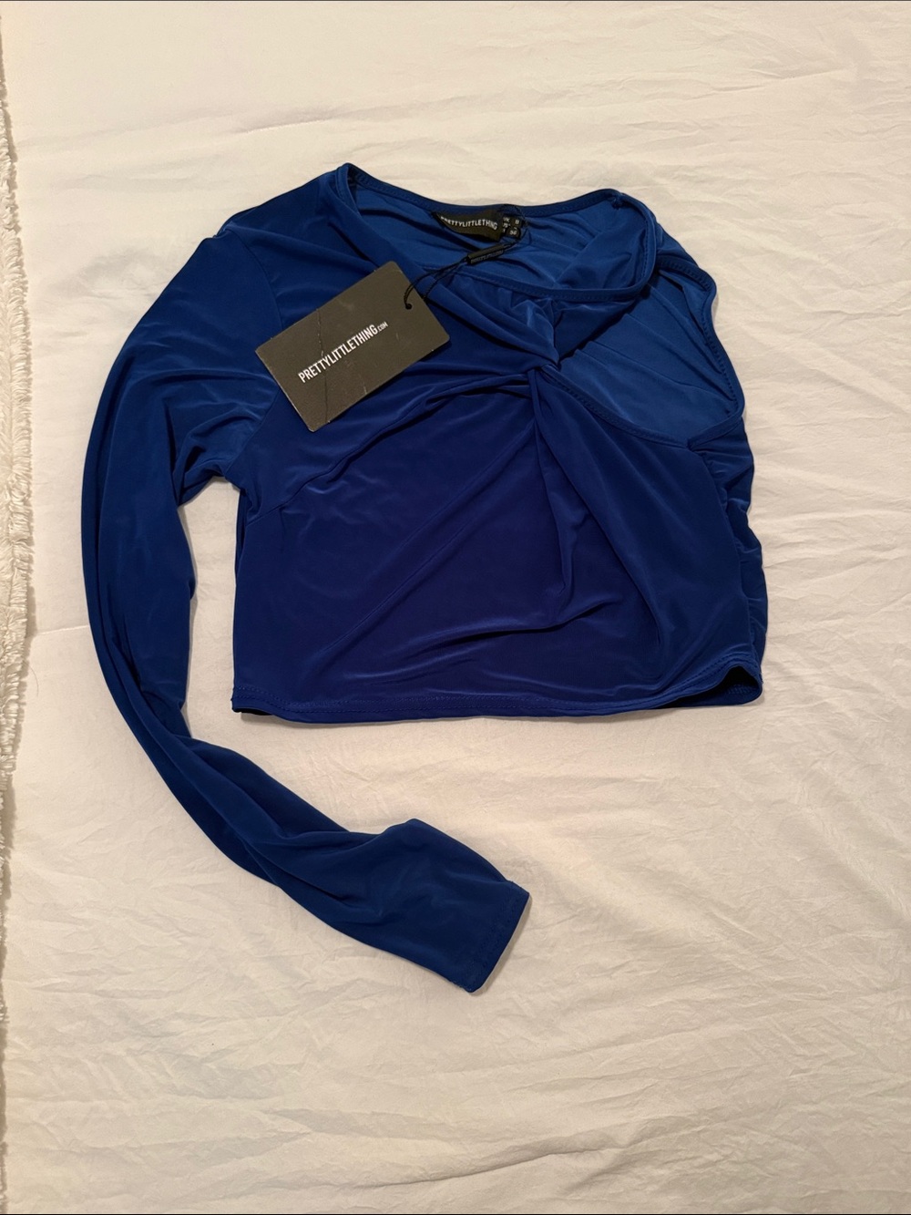PrettyLittleThing Cobalt Twist-Front Long Sleeve one sleeve Crop Top